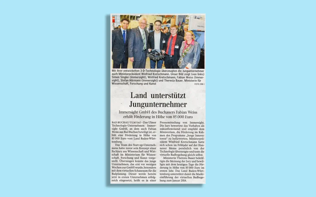 Land Ba-Wü fördert VR-Produktentwicklung der immersight mit 85.000 €